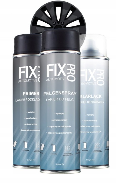 FixPro ZESTAW DO RENOWACJI FELG CZARNY POŁYSK PROFESJONALNY SPRAY 500ml